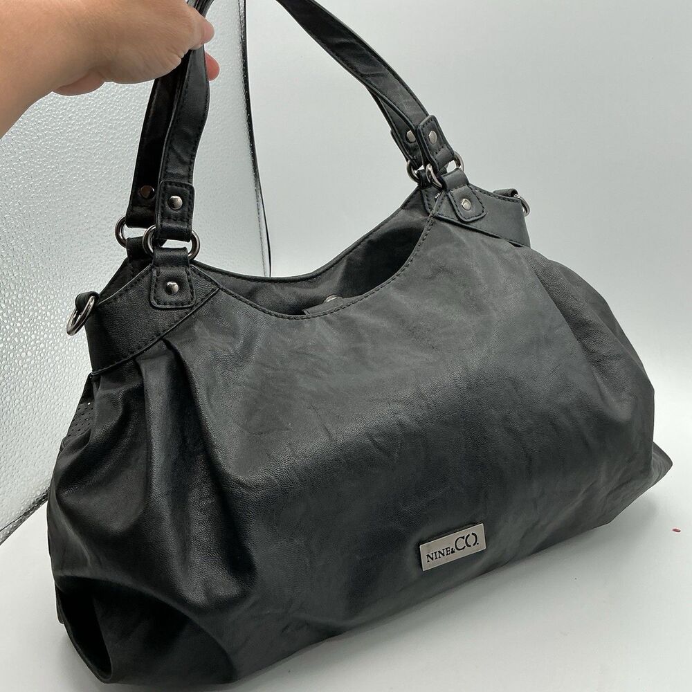 Nine & Co Black Faux Leather Shoulder Bag Large Hobo Purse Silver Hardware